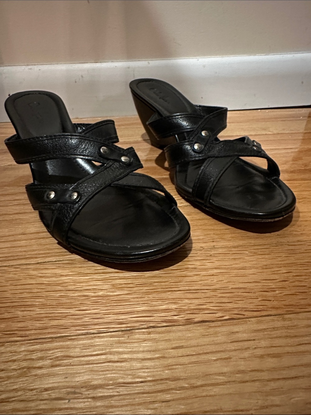 Cole Haan Black Leather Crisscross Mule Wedges - Picture 2 of 4